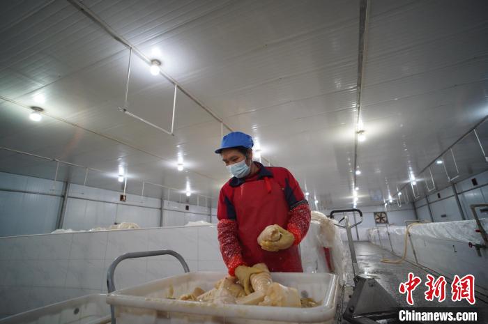 圖為一名工人正在查看酸筍腌制效果?！№f國政 攝