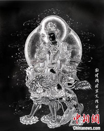 圖為朱增平創(chuàng)作的鍥金畫《敦煌榆林窟文殊菩薩》。(資料圖) 受訪者供圖