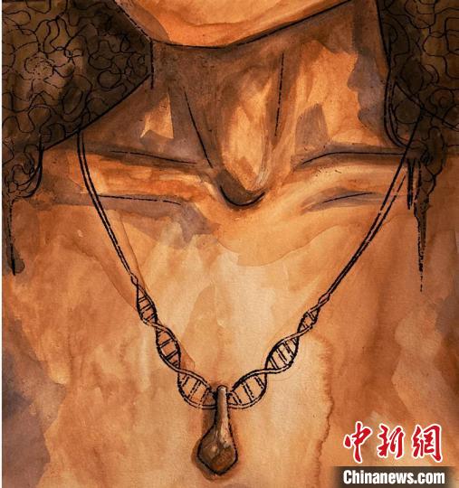 墜飾藝術再現(xiàn)圖，圖中吊墜繩為DNA螺旋樣式(圖片作者Myrthe Lucas)。　施普林格·自然 供圖