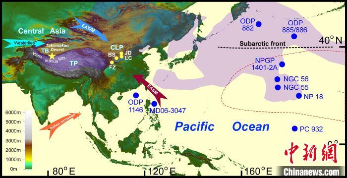 塔里木沙塵傳輸至北太平洋的路徑(陰影區(qū))及西昆侖山黃土巖芯位置(五角星)?！≈锌圃呵嗖馗咴?供圖