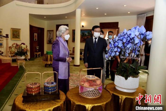 王文天大使介紹中國(guó)傳統(tǒng)工藝品及云南的蘭花和鮮果。　中國(guó)駐柬埔寨大使館微信公眾號(hào) 攝