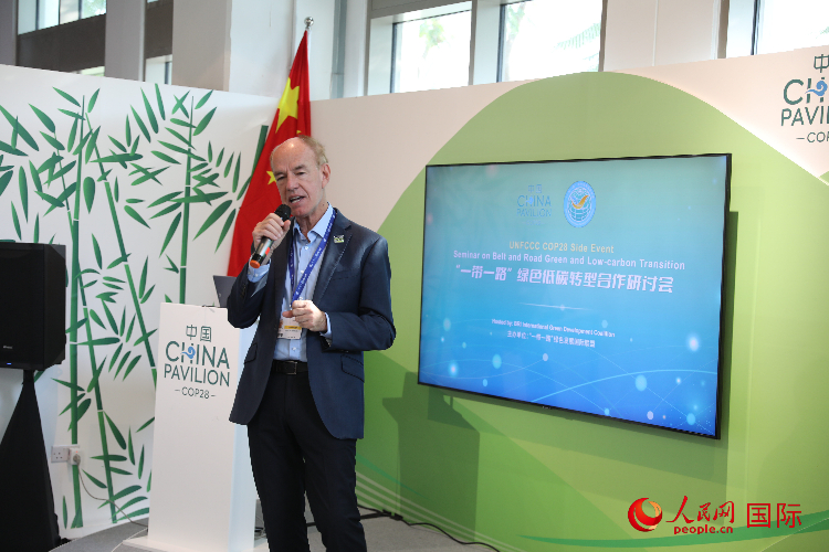 綠色聯(lián)盟聯(lián)合主席、世界自然基金會國際特使蘭博蒂尼在“一帶一路”綠色低碳轉(zhuǎn)型合作研討會上發(fā)言。人民網(wǎng)記者 張志文攝