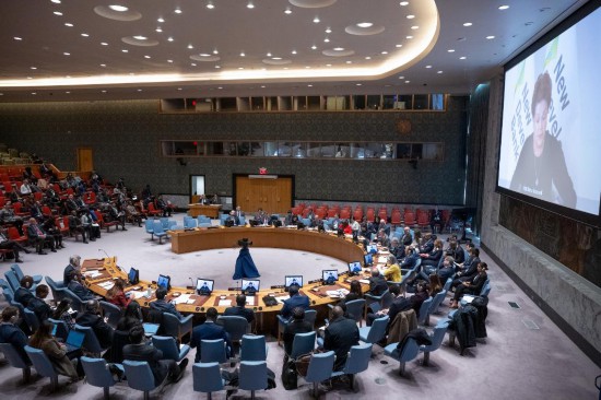 這是2023年11月20日在位于紐約的聯(lián)合國總部拍攝的安理會“共同發(fā)展促進持久和平”公開辯論會現(xiàn)場。中國作為輪值主席，倡議聯(lián)合國安理會20日舉行主題為“共同發(fā)展促進持久和平”的公開辯論會。新華社發(fā)（聯(lián)合國供圖/埃斯金德·德貝卜攝）