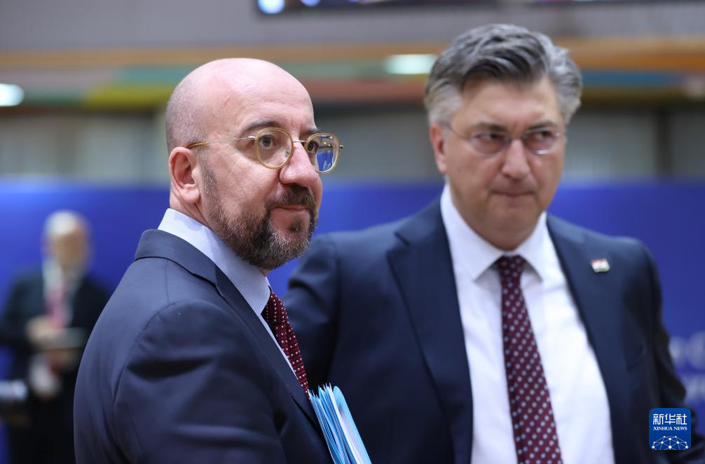 2月1日，歐洲理事會主席米歇爾（左）出席在比利時布魯塞爾舉行的歐盟特別峰會。新華社記者 趙丁喆 攝