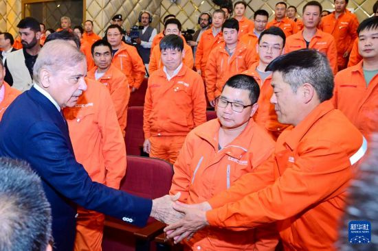 4月1日，在巴基斯坦西北部開(kāi)伯爾-普什圖省達(dá)蘇，巴基斯坦總理夏巴茲（左）同達(dá)蘇水電站項(xiàng)目中方員工握手。新華社發(fā)（巴基斯坦新聞與廣播部下轄媒體信息部門(mén)供圖）