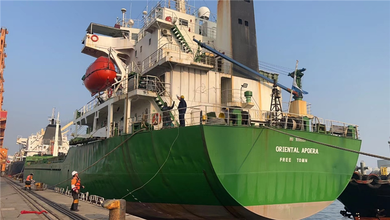 中蘇海運直航貨輪靠泊蘇里南碼頭。中國駐蘇里南大使館供圖