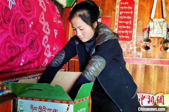 圖為通麥村村民巴桑拉姆把精心挑選的蘋果裝箱?！∝暽＠?攝