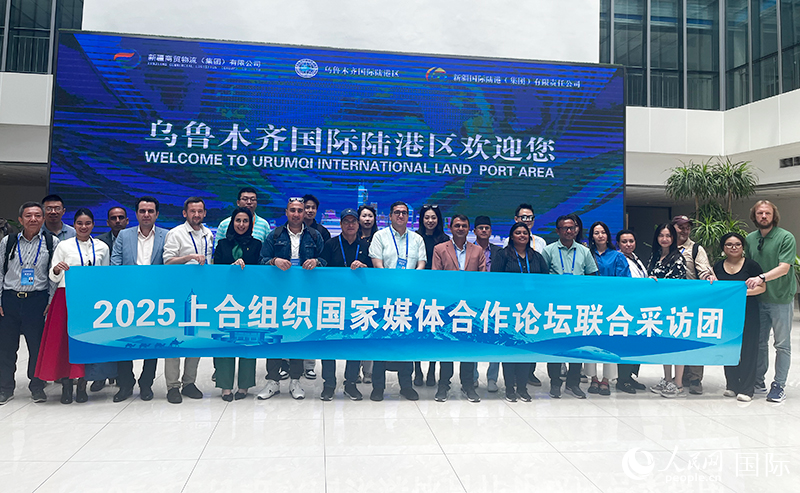 5月26日，外國媒體人在烏魯木齊國際陸港區(qū)合影留念。 人民網(wǎng)記者 翟轉(zhuǎn)麗攝