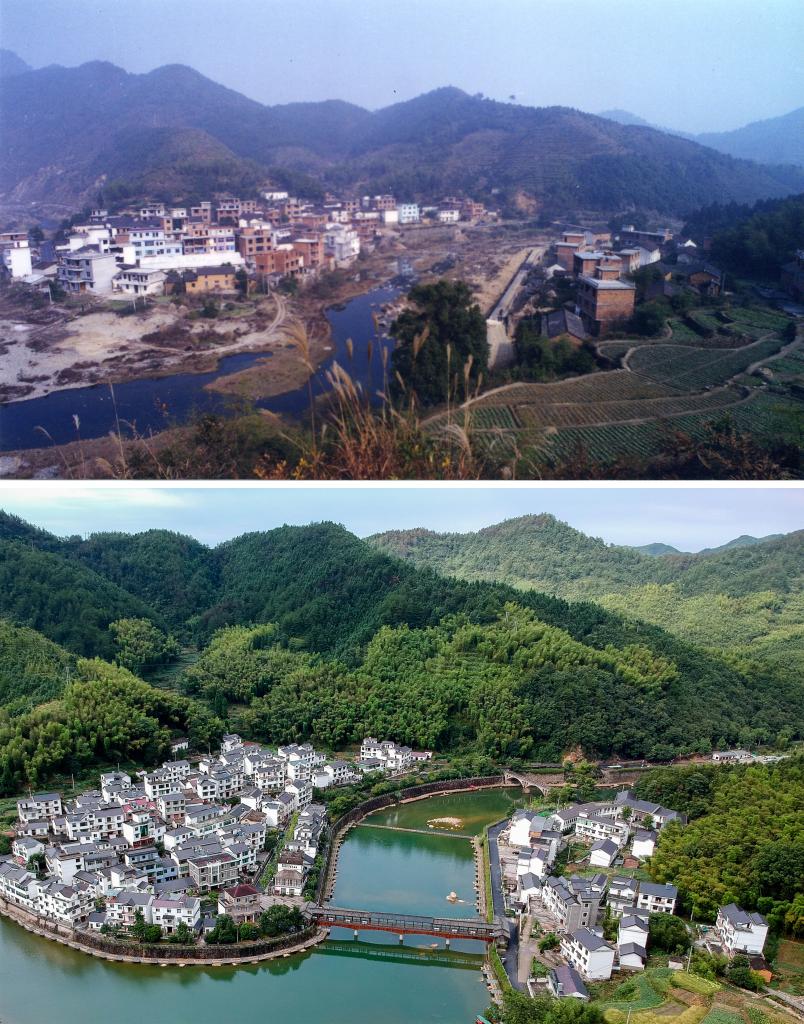 圖為浙江省杭州市淳安縣楓樹嶺鎮(zhèn)下姜村拼版圖，其中上圖為資料照片、下圖由新華社記者張鋮攝。