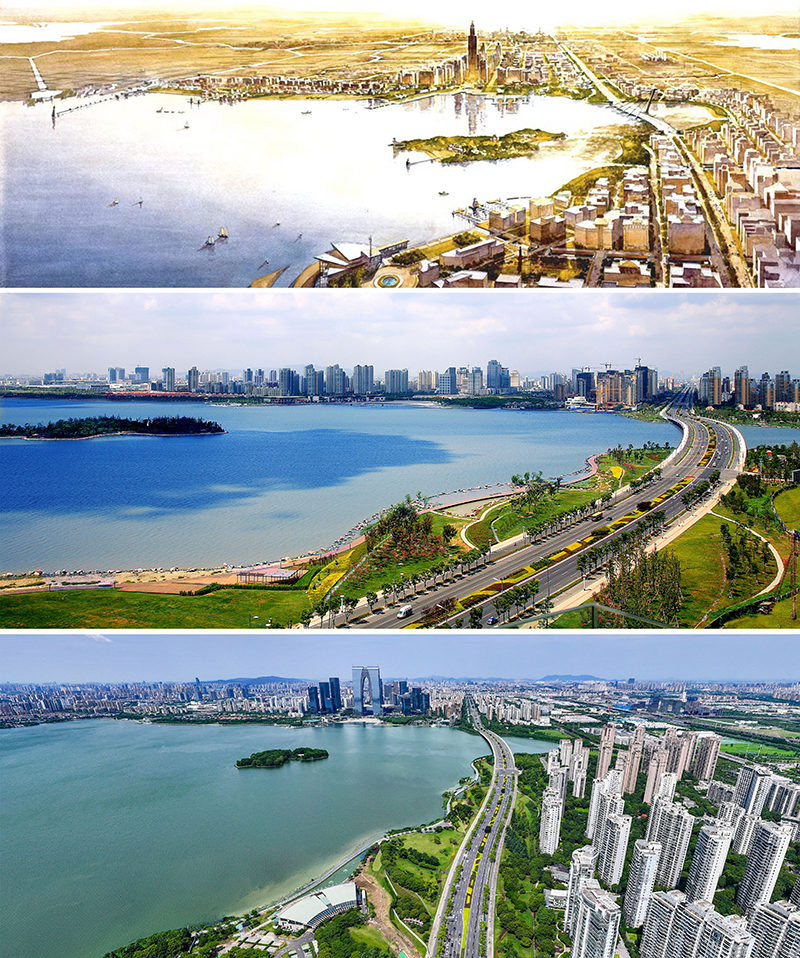 拼版照片：上圖為1994年繪制的蘇州工業(yè)園區(qū)手繪規(guī)劃圖；中圖為2007年拍攝的蘇州工業(yè)園區(qū)；下圖為2023年7月4日用無(wú)人機(jī)拍攝的蘇州工業(yè)園區(qū)。