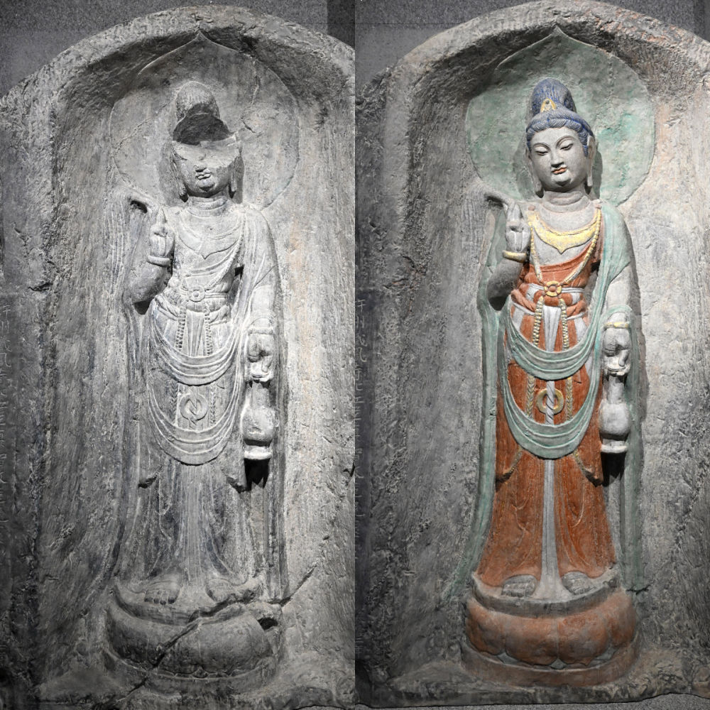 左圖為龍門石窟萬佛洞窟前南壁菩薩造像的3D打印模型；右圖為利用數(shù)字化技術(shù)復原后的3D打印模型（2025年4月10日攝，拼版照片）。復原后的像龕精妙絕倫，栩栩如生，被游客譽為“龍門最美菩薩”。圖片來源新華社