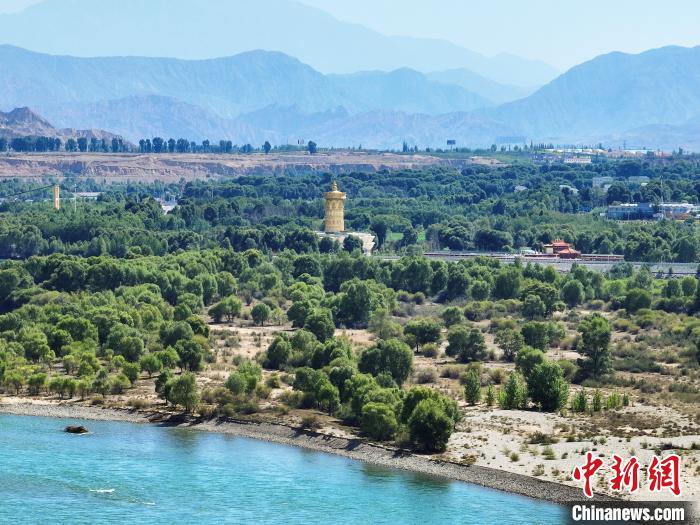 航拍貴德縣黃河岸畔綠意盎然?！●R銘言 攝