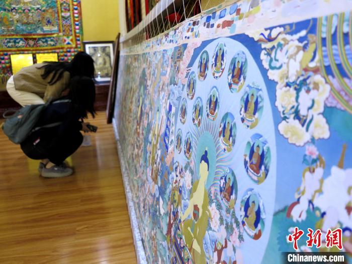 圖為民眾參觀半成品的唐卡?！?zhí)砀?攝