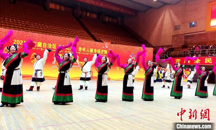 圖為西藏老年舞蹈隊(duì)齊跳傳統(tǒng)鍋莊舞。　貢桑拉姆 攝