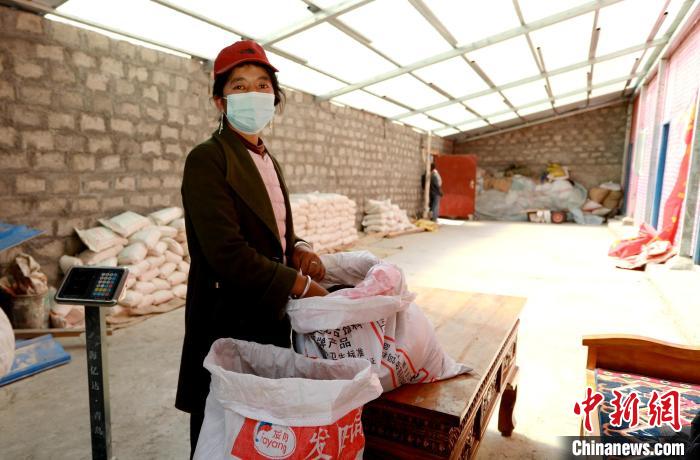 圖為寧重崗村村民扎西才措把自家的油菜籽送到合作社銷售?！〖卫杩h融媒體中心供圖