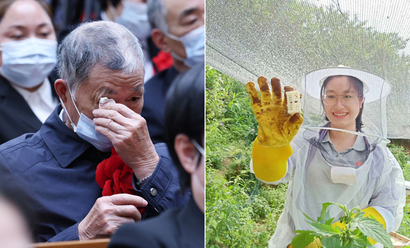 左圖為2021年2月25日，黃文秀的父親黃忠杰在全國脫貧攻堅表彰大會上；右圖為黃文秀生前工作照。