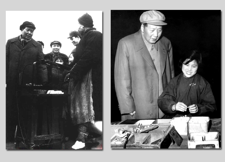 左圖：1953年，毛主席在湖北武漢蛇山與小販交談。右圖：1958年，毛主席視察沈陽市小型開關(guān)廠（今沈陽二一三電器有限公司），同裝配女工蘇玉春交談。