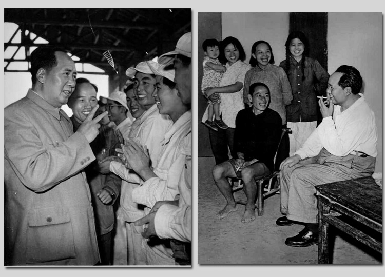 左圖：1959年，毛主席在安徽視察工廠時(shí)，同煉鋼工人親切談話。右圖：1959年，毛主席在湖南視察韶山，同貧農(nóng)社員親切談話。